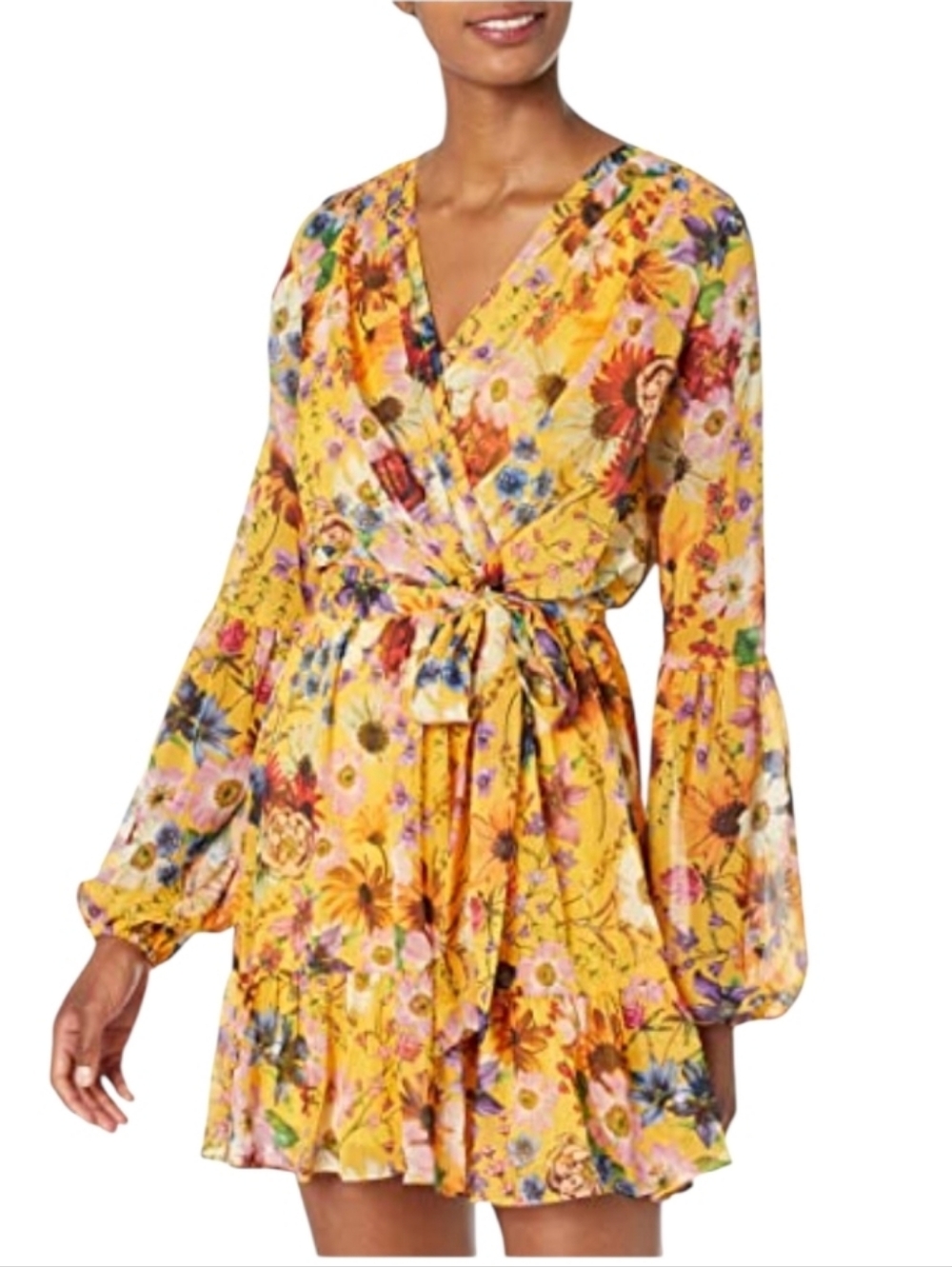 Betsy & Adam Lurex Floral Wrap Mini Dress 8 NWT Gold Yellow Bishop Sleeve